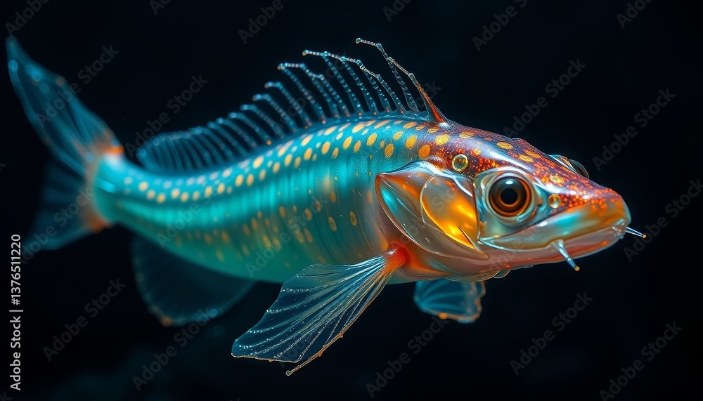 Vibrant Aquatic Creature with Intricate Fin Details and Iridescent Scales in Dark Setting Vibrant Aquatic Creature with Intricate Fin Details and Iridescent Scales in Dark Setting