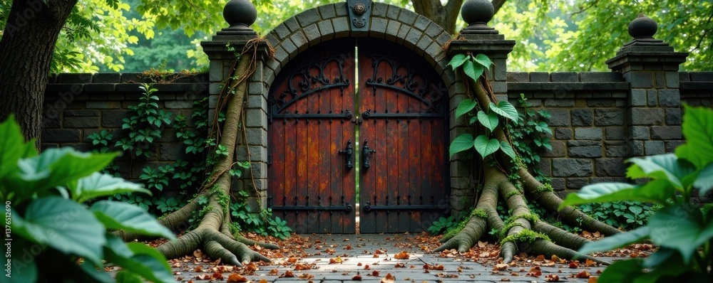Fototapeta premium Ancient tree roots wrapped in vines and exotic leaves entwine with rusty iron gates, mysterious atmosphere, dark, tree roots