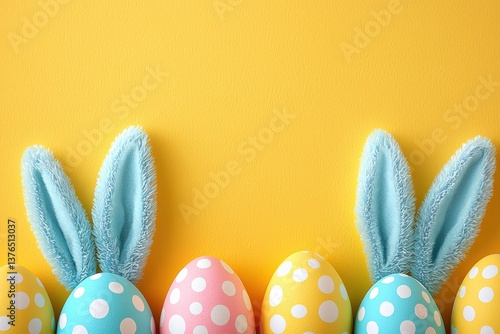 Easter banner displaying pastel polka dot eggs on sunny yellow background