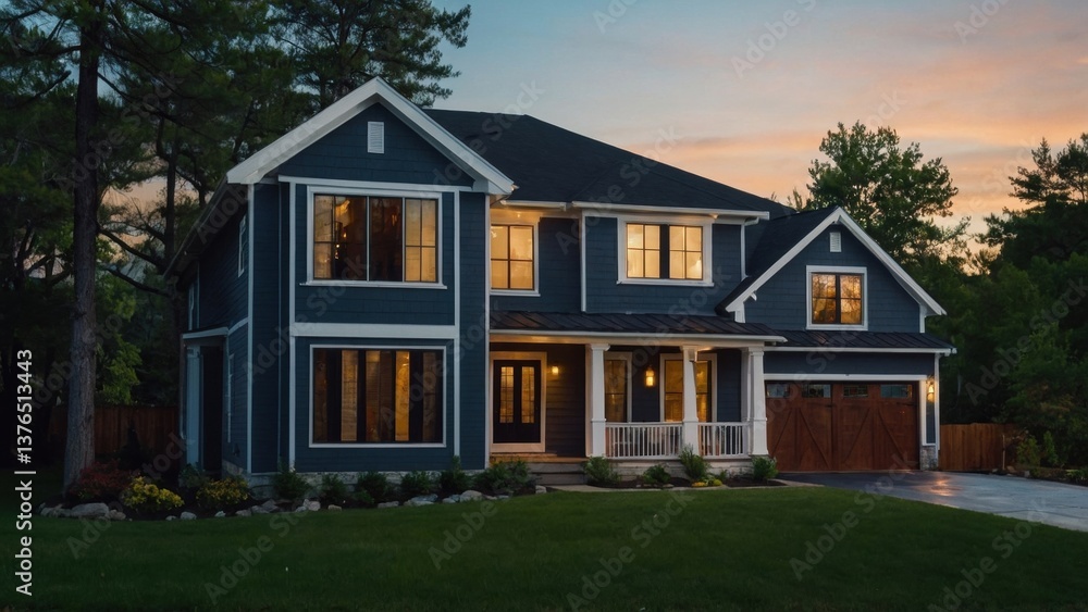 Fototapeta premium Exquisite New Traditional Home with Blue Siding, Porch, and Wood Garage Doors at Dusk