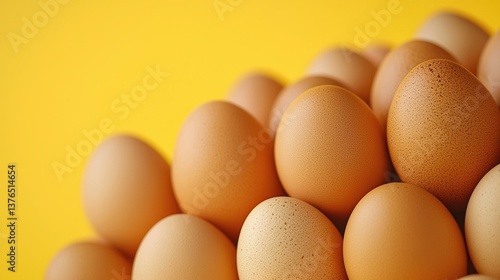 Brown farm eggs arranged naturally on bright yellow background for national egg day