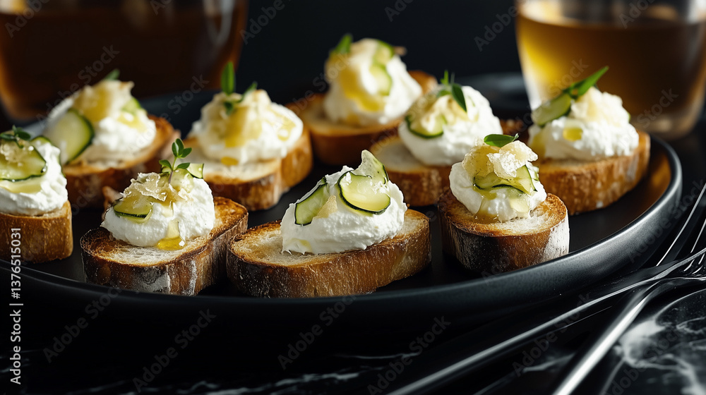 Close-up of rustic rye crostini topped with honey and pumpkin seeds, arranged neatly on a wooden board Close-up of rustic rye crostini topped with honey and pumpkin seeds, arranged neatly on a wooden board