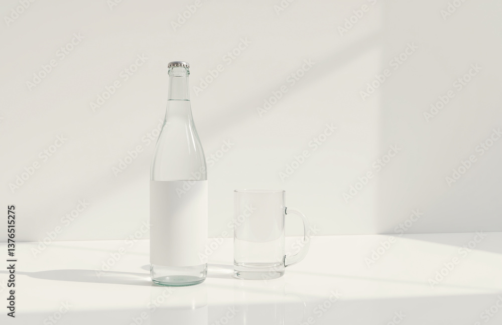 Transparent glass water bottle with silver cap on neutral backdrop Transparent glass water bottle with silver cap on neutral backdrop