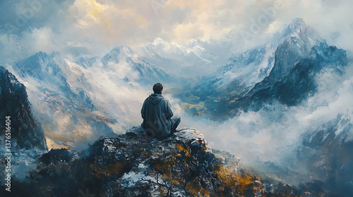 Wallpaper Mural High-altitude scene with a shepherd overlooking a vast rugged mountain range, spotting the lost sheep in the distance, soft focus, dramatic lightingHighly detailed, cinematic composition, Torontodigital.ca