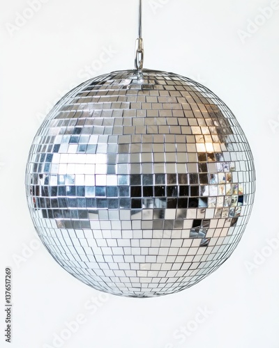 Shimmering Silver Disco Sphere: A Dazzling Fit for Any Dance Floor Against a Crisp White Canvas