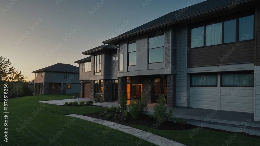Modern houses with architectural design, set in a suburban neighborhood showcasing luxury homes with green lawns and evening glow Modern houses with architectural design, set in a suburban neighborhood showcasing luxury homes with green lawns and evening glow