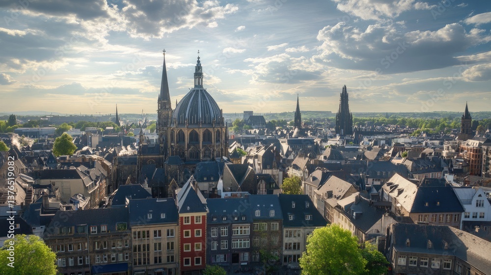 Obraz premium Aachen: A Summer Stroll Through the German City Featuring Iconic Cupolas and Vibrant Atmosphere
