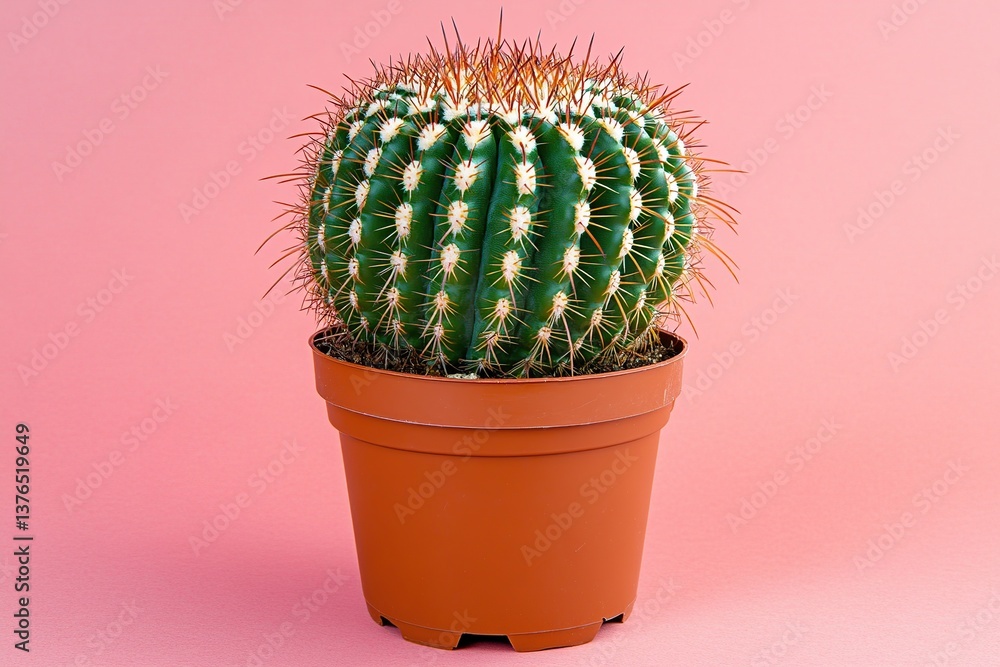 Bright green cactus in a simple plastic pot against a soft pink background Bright green cactus in a simple plastic pot against a soft pink background