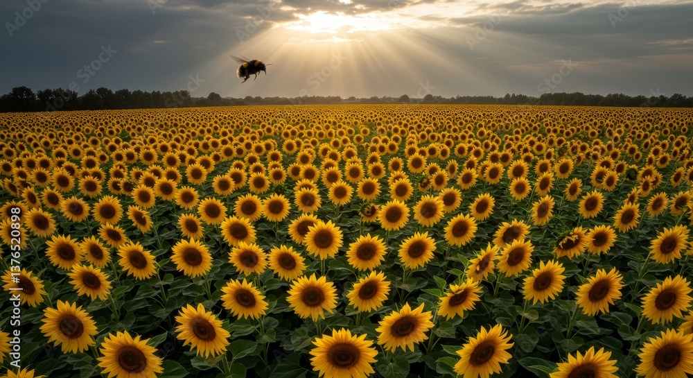 Obraz premium Sunlit Sunflower Field with Bee - A vast field of sunflowers basks in the golden sunlight, a single bee in flight above. Serene and idyllic summer scene