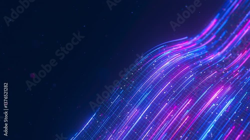 Closeup of Big data light speed flow. Abstract digital data stream of quantum computing. Cyberspace of qubit trail waves. Modern tech information transmission.