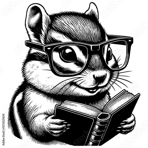 Chipmunk with glasses reading a book vector illustration