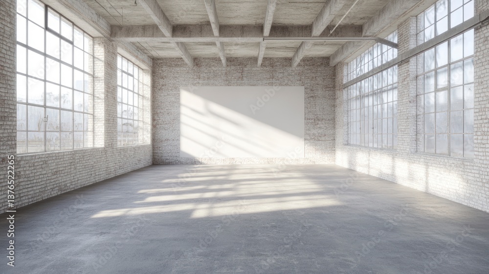Empty Loft Space with Sunlight Streaming Through Windows and Blank Canvas Empty Loft Space with Sunlight Streaming Through Windows and Blank Canvas