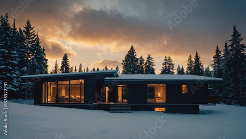 Modern house nestled in a snowy forest at dusk with warm interior lights illuminating the winter landscape