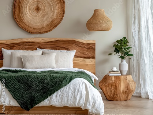Discover serene bedroom bliss with our curated collection featuring a Soft modern bedroom interior with wood furniture and cozy bedding in green palette, calm lifestyle space Experience the allure of
