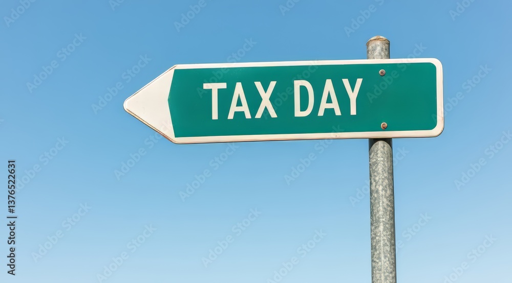 Fototapeta premium Tax Day signpost against clear blue sky, symbolizing USA April 15 federal tax deadline 