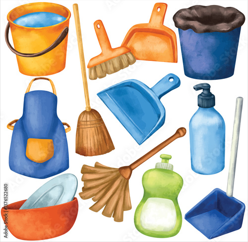 House Cleaning Supply Illustration Set Watercolor Broom Mop Soap Bottle Brush Dustpan Apron Bucket