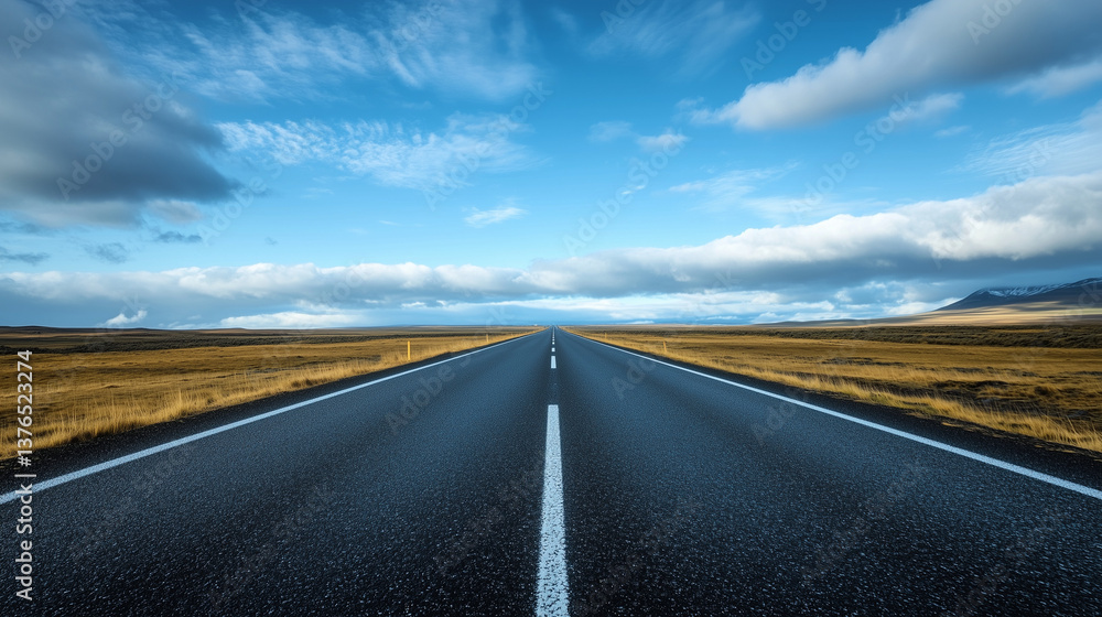 Fototapeta premium Empty asphalt road in wide open landscape under blue sky