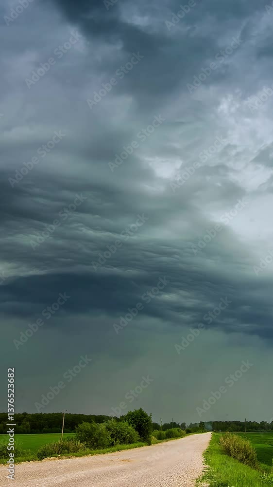 Timelapse of dark storm clouds forming over rural road as vehicle drives ahead. Vertical shot Timelapse of dark storm clouds forming over rural road as vehicle drives ahead. Vertical shot