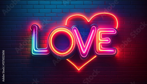 Neon colored led lamp lights with love signature on a brick wallpaper background
