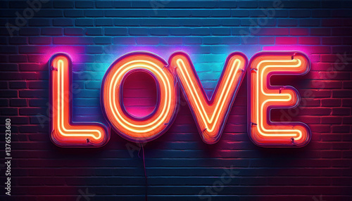 Neon colored led lamp lights with love signature on a brick wallpaper background