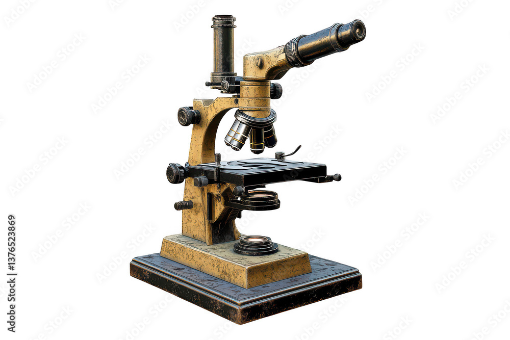 Isolated microscope with golden and metallic finish on a plain surface transparent background Isolated microscope with golden and metallic finish on a plain surface transparent background