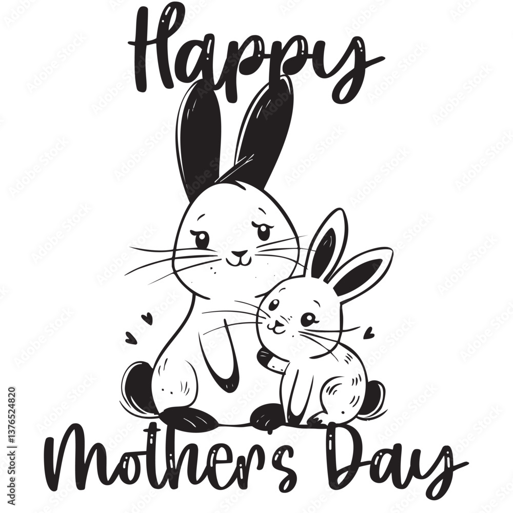 Fototapeta premium Happy Mother's Day with Cute Rabbits Embracing in Black and White 