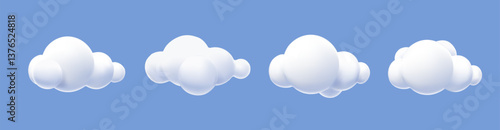 White 3d clouds set isolated on a blue background. Cartoon fluffy clouds icon in the blue sky. Cute overcast elements vector illustration