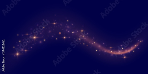 Golden sparkling light trails on transparent background. Futuristic Wave Flash. Glowing shiny spiral lines effect. The yellow sparks and golden stars shine. Magical dust particles. Vector