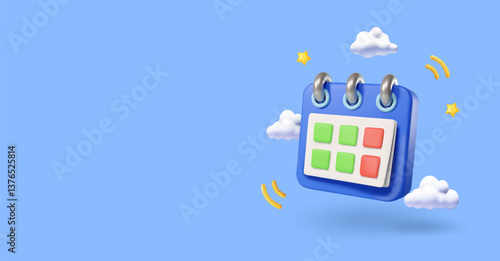 3D calendar icon, Cartoon schedule plan Organizer sign. Planning concept isolated vector. Month or week page reminder on binder rings with event date notification for schedule agenda