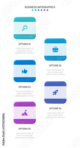 Vertical progress bar featuring 5 arrow-shaped elements, symbolizing the five stages of business strategy and progression. Clean timeline infographic design template. Vector for mobile presentation.