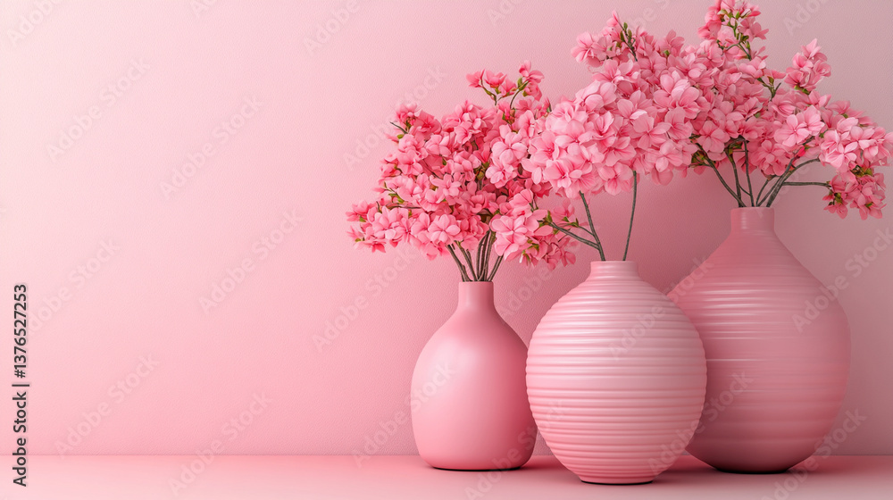 Naklejka premium Elegant pink vases holding blossoms on soft pink background