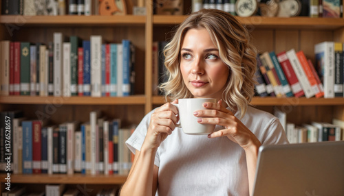 Young woman enjoying coffee while contemplating in library