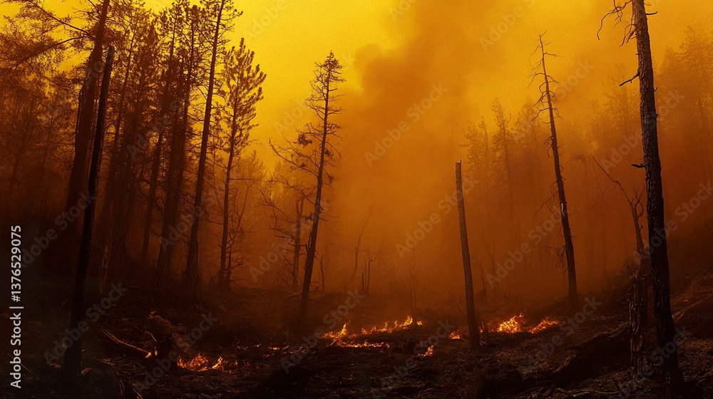 Devastating wildfire consuming a forest with towering flames and billowing smoke Devastating wildfire consuming a forest with towering flames and billowing smoke