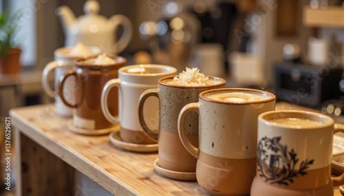 Cups of steaming coffee lined up on wooden counter