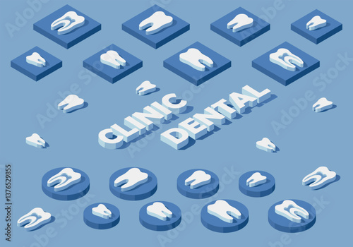 Vector isometric illustration background. Dental clinic concept, frame design with teeth, teeth cleaning, oral care. Dentistry icons
