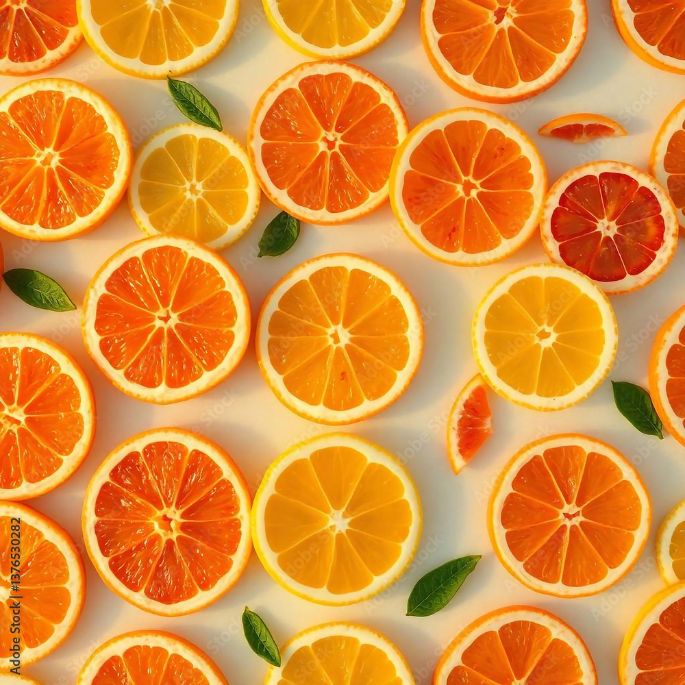 A seamless pattern of vibrant orange, lemon, and grapefruit slices on a summer background, photographed in a soft, dreamy golden hour light with a hazy, smoky atmosphere. The image features soft contr A seamless pattern of vibrant orange, lemon, and grapefruit slices on a summer background, photographed in a soft, dreamy golden hour light with a hazy, smoky atmosphere. The image features soft contr