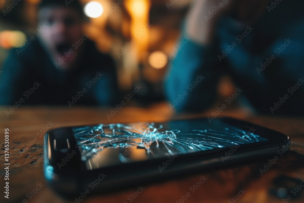 Fototapeta premium Shocked friends reacting to a cracked smartphone screen on a wooden table in a warm lit room