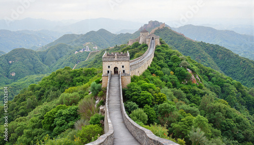 Great Wall of China winding through lush green mountains