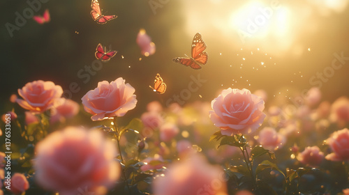  Pink roses and butterflies in soft golden sunset light