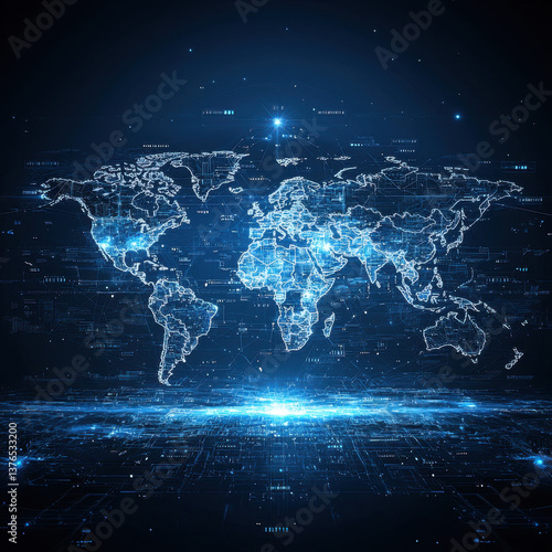 Abstract Glowing Digital World Map Futuristic Technology and Global Network Visualization