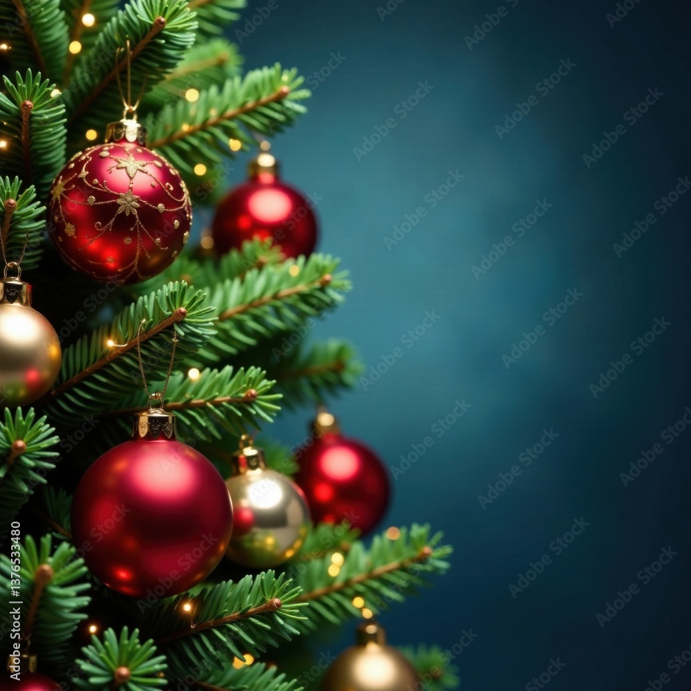 Christmas tree with ornaments in the background, Snowy Background, Seasonal Decorations Christmas tree with ornaments in the background, Snowy Background, Seasonal Decorations