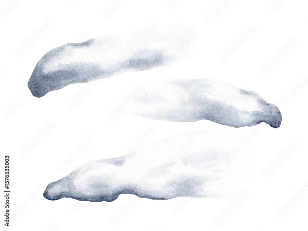 Fototapeta premium Set of smoke, steam, fume isolated on white. Watercolor vapor flutters in the wind. Illustration changes from grey to transparent steam at the end. Drawn to smoke stacks or arrangement with cigarets