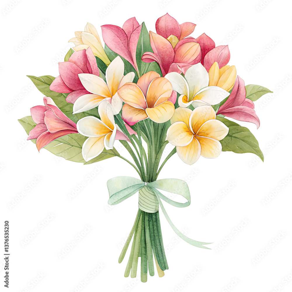 Fototapeta premium Bouquet of Pink, Yellow, and White Plumeria Flowers with Light Green Ribbon on Transparent Background