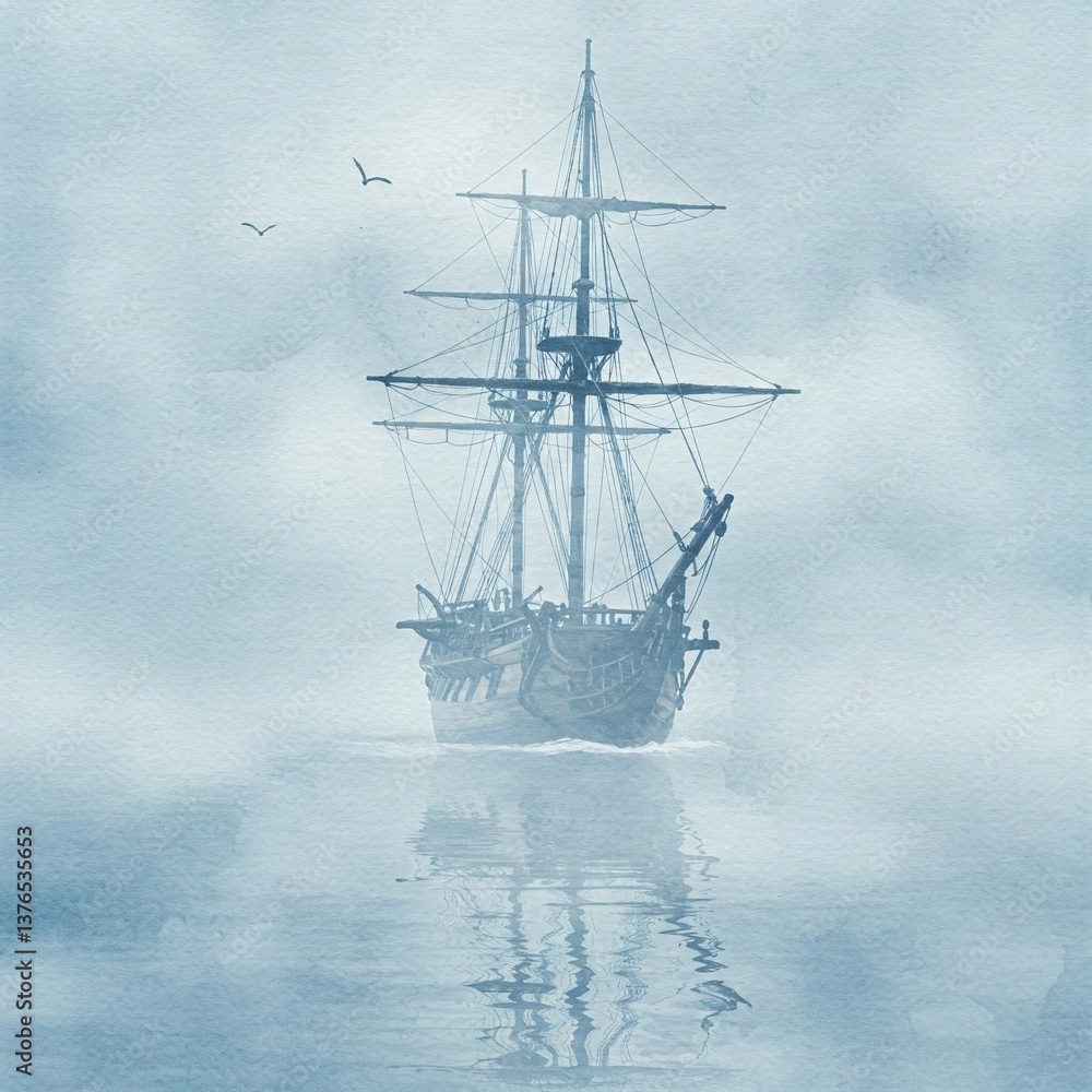 Obraz premium Gentle Watercolors Show Tall Ship In Mist