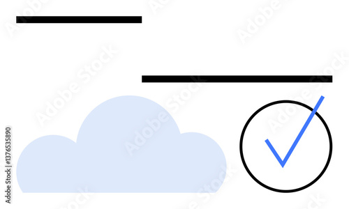 Light blue cloud icon, two horizontal black lines above, and a circular black outline with a blue checkmark. Ideal for cloud computing, data approval, minimal design, simplicity, validation, online