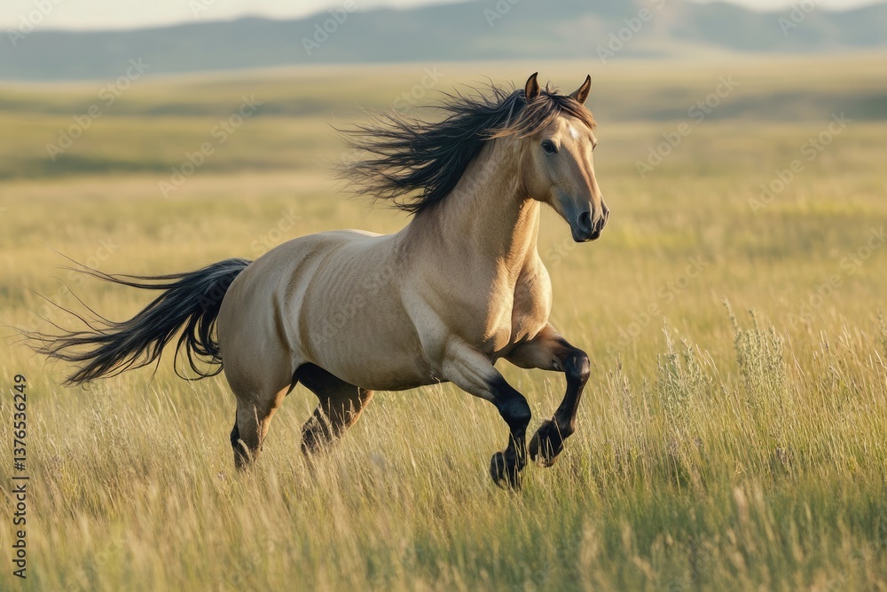 Majestic Buckskin Horse in Full Motion, Rearing Against a Lush Prairie Backdrop Majestic Buckskin Horse in Full Motion, Rearing Against a Lush Prairie Backdrop