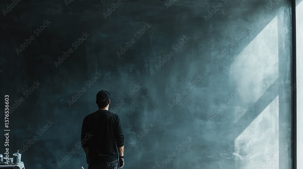 A minimalist home interior mid-renovation, a worker plastering a feature wall, soft ambiance A minimalist home interior mid-renovation, a worker plastering a feature wall, soft ambiance