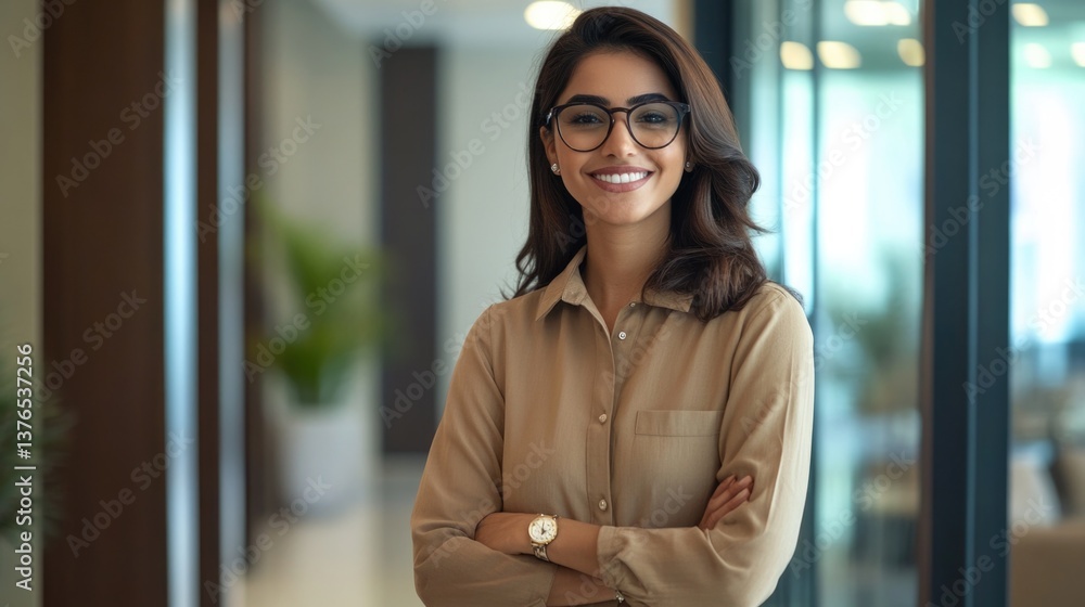 Portrait of arabian businesswoman wearing shirt and standing outside conference room, cross arms, standing in corridor. Successful business lady wearing spectacles, looking at camera with copy space