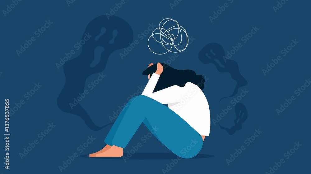 Distress Animation Animated of sad woman sitting on the ground, holding her head. Confused ...