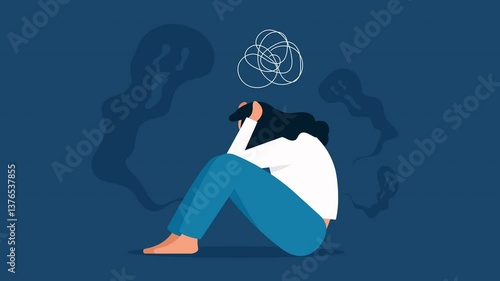Animated of sad woman sitting on the ground, holding her head. Confused thoughts swirl above her, while ghost-like shapes around her. symbolizing anxiety, depression, and emotional distress. 4K
